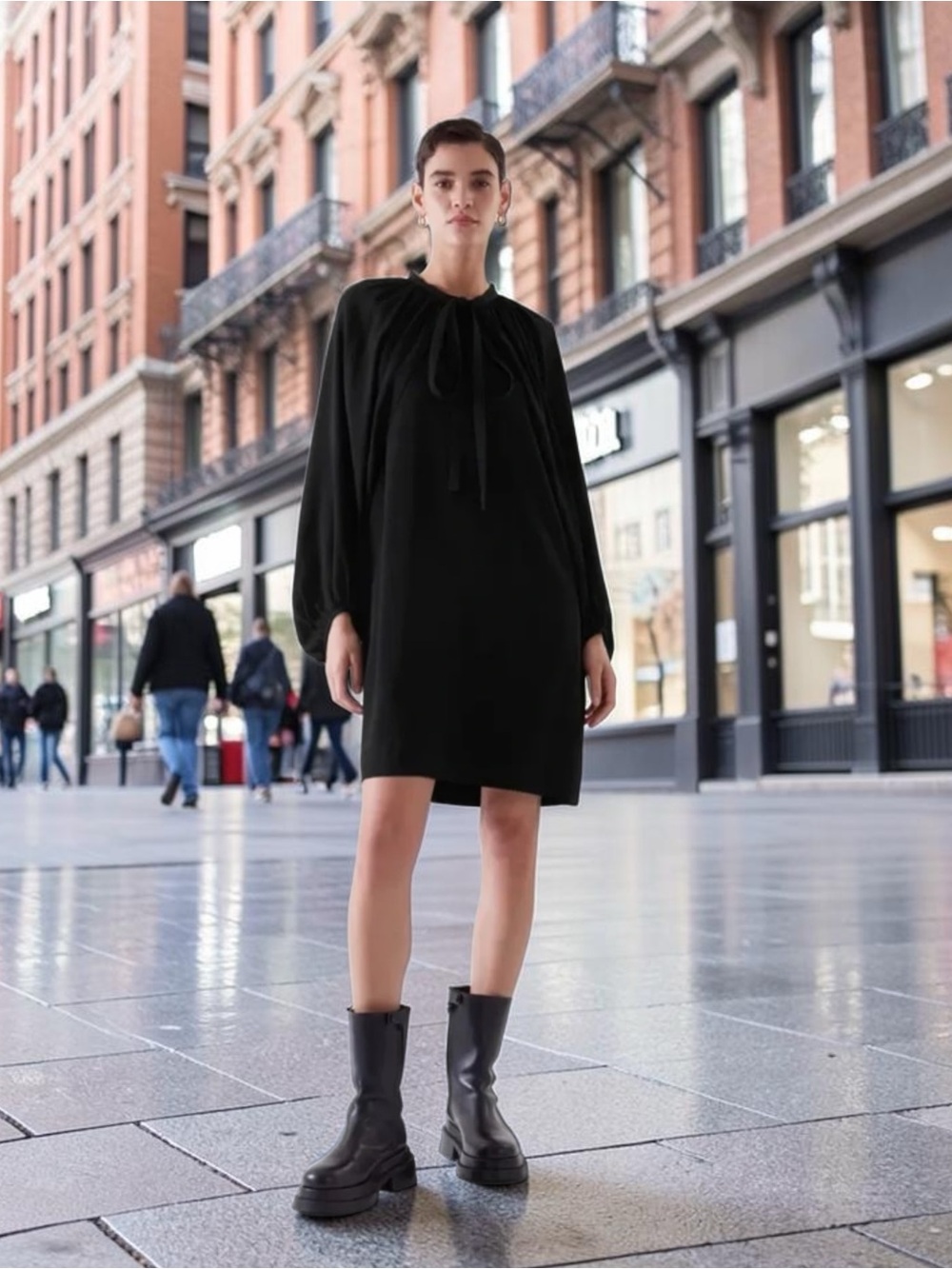 COS Black Cape Long-Sleeve Mini Dress with at Tie Neck